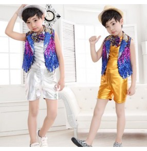 Silver gold sequined vest pu leather fashion boys kids child children toddlers jazz dance modern dance costumes outfits